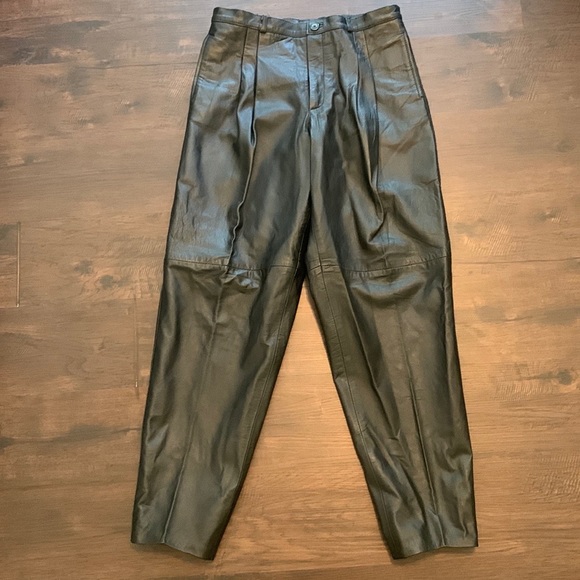 AUTHENTIC LEATHER PANTS TROUSERS HIGH RISE PLEATED BLACK - Picture 9 of 9